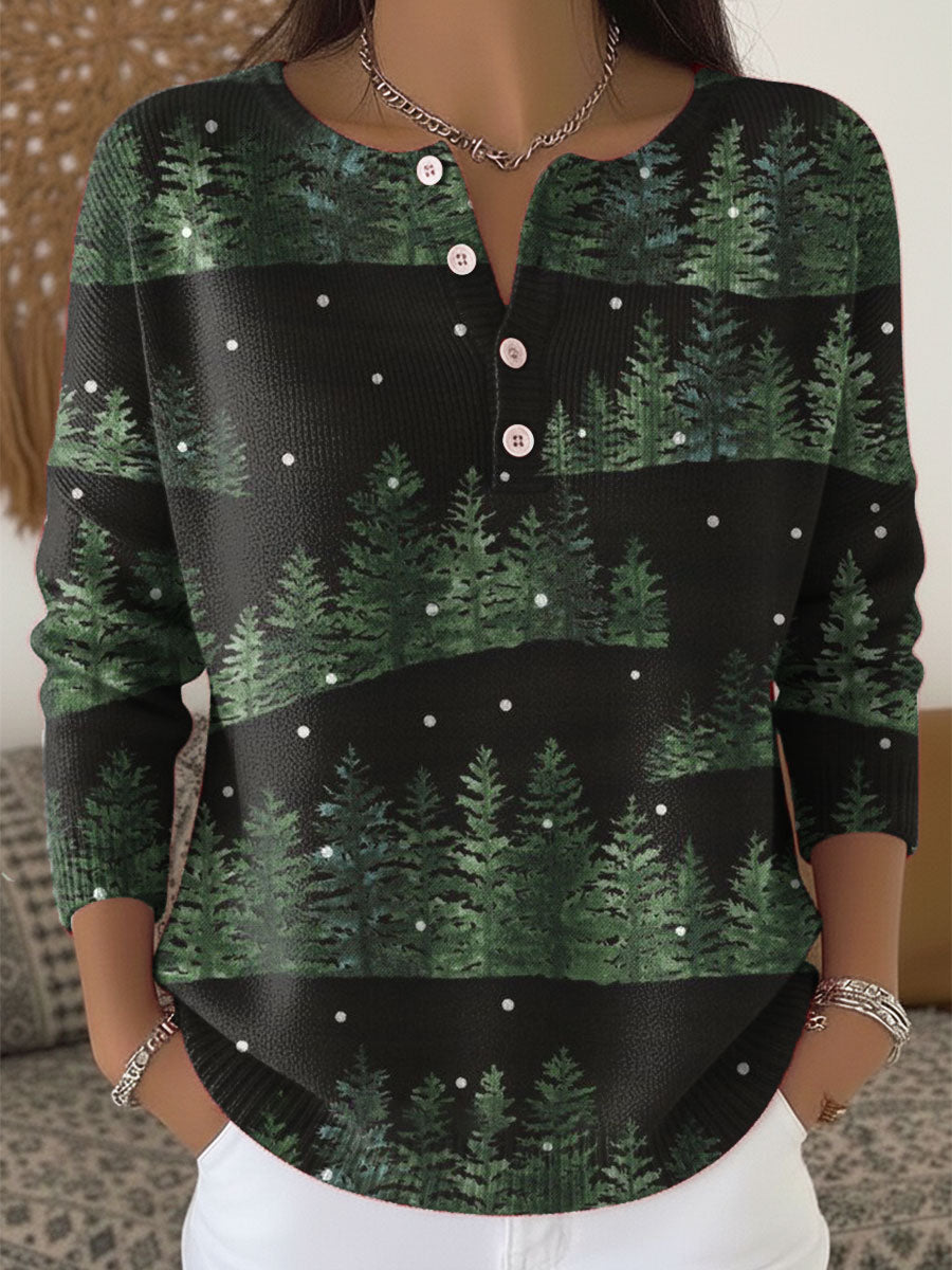 Vintage Christmas Art Print Buttoned Cardigan Sweater