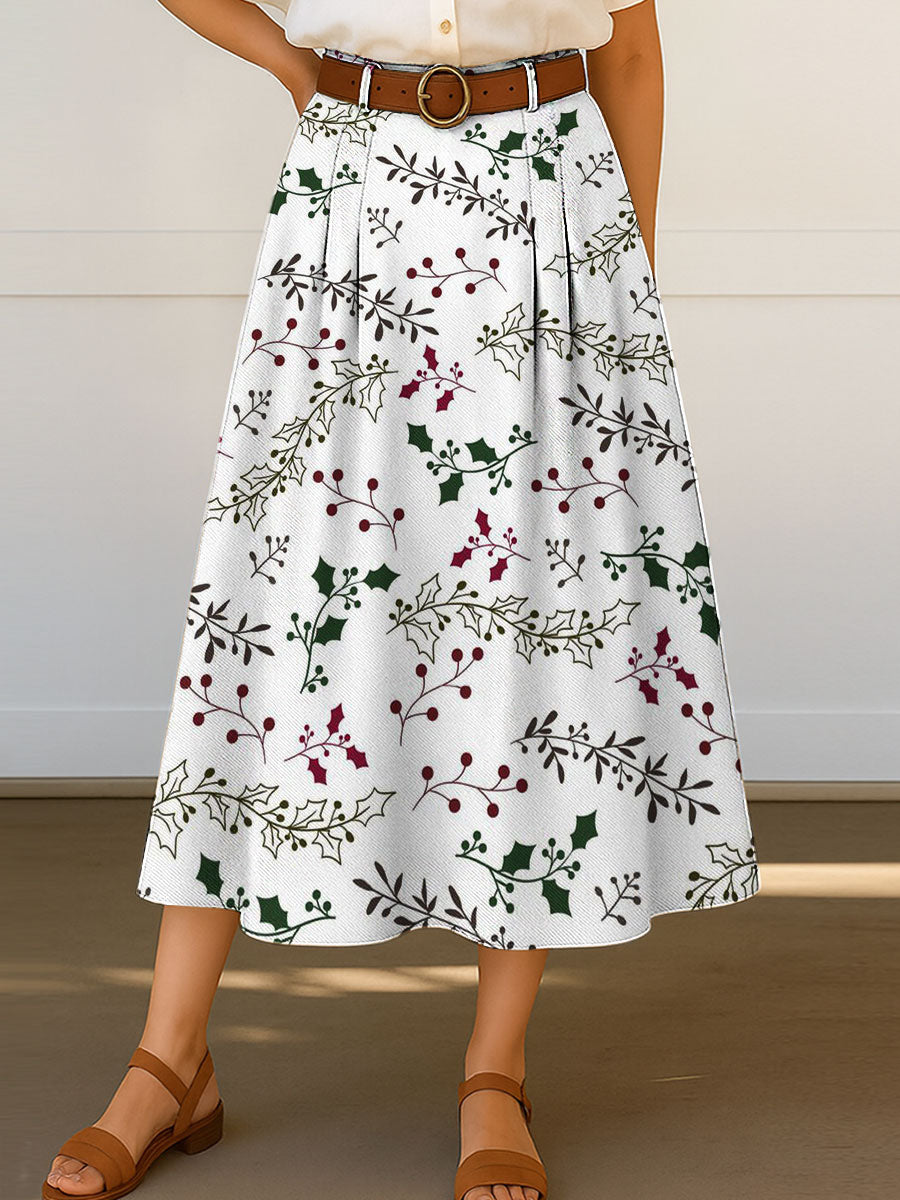 Women's Christmas Leaf Pattern Print Casual Cotton Skirt