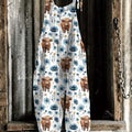 Women's Lovely Highland Cow Floral Art Print Casual 100% Cotton Wide Leg Jumpsuit