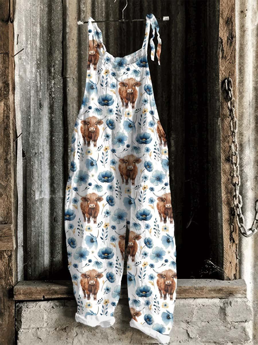 Women's Lovely Highland Cow Floral Art Print Casual 100% Cotton Wide Leg Jumpsuit