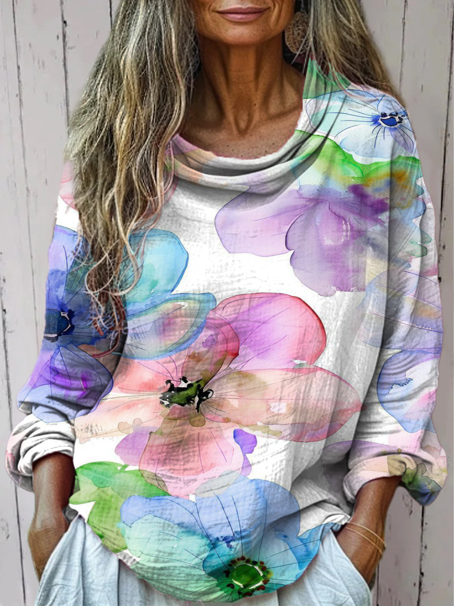 Women's Watercolor Style Flowers Print Casual Long Sleeve T-shirt