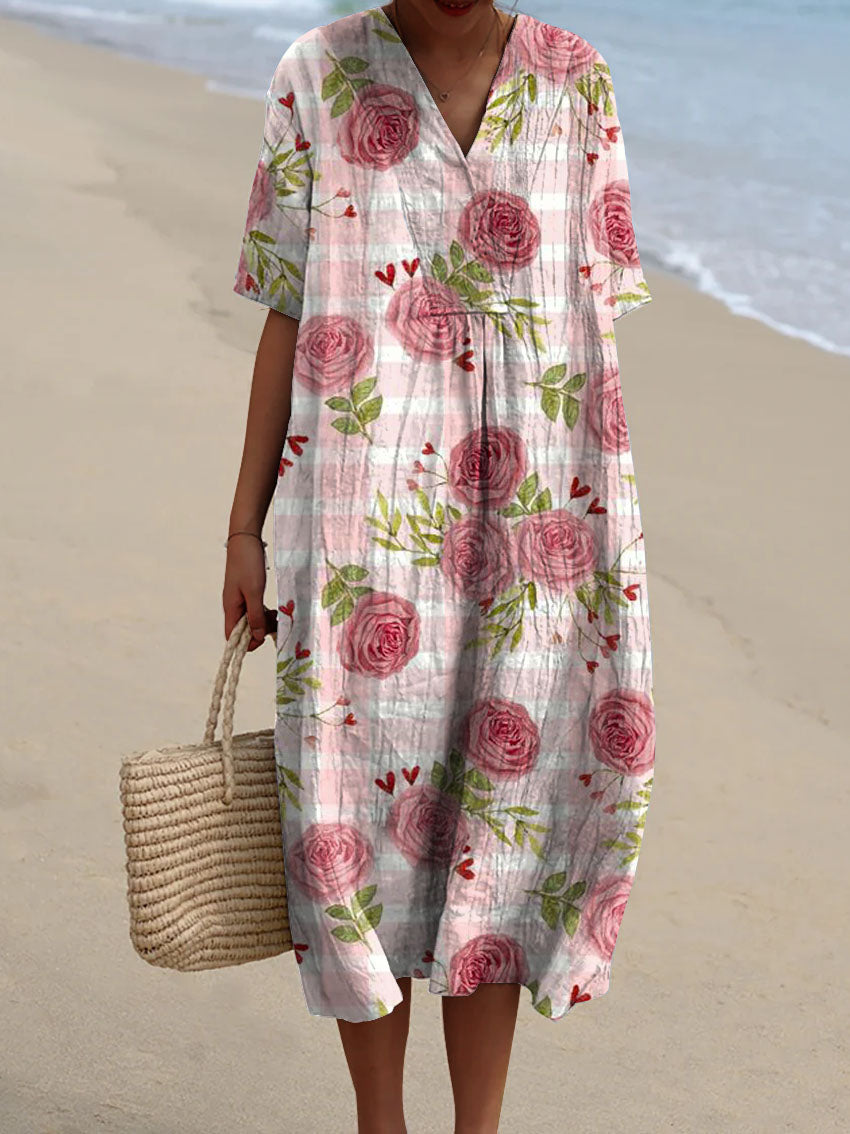 Women's Lovely Floral Art Print Flowy Cotton Dress