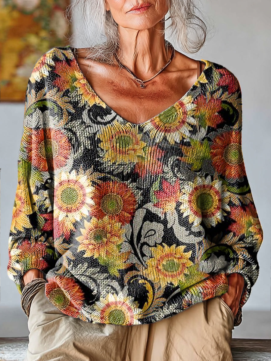 womens-vintage-floral-sunflower-art-print-casual-pullover-sweater