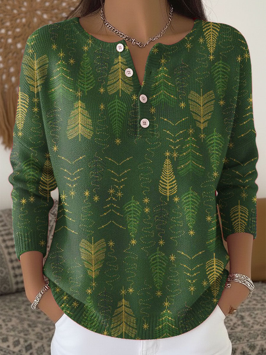 Women's Christmas Tree Art Print Buttoned Cardigan Sweater