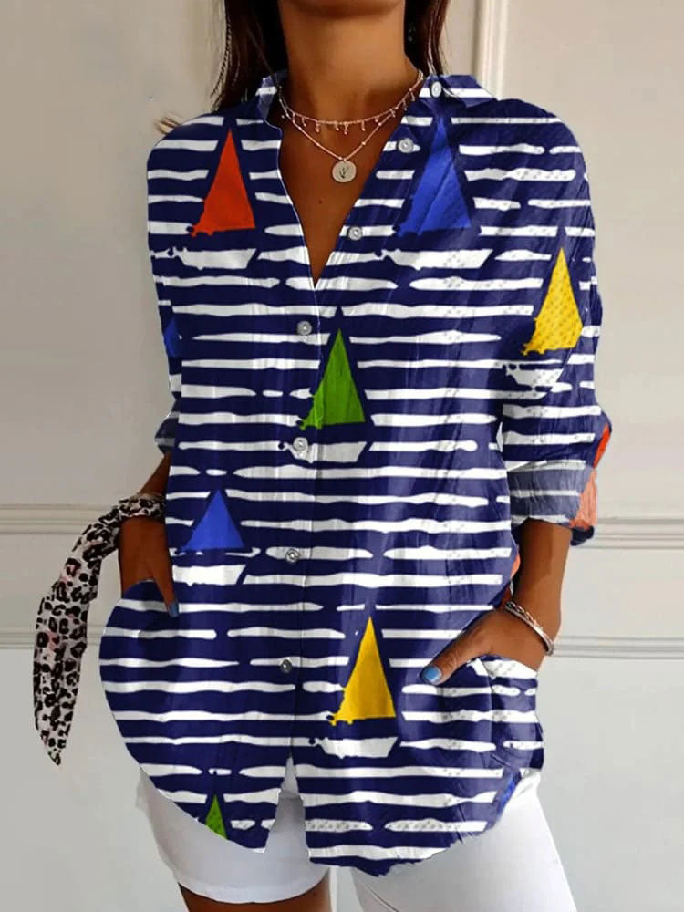 Women's   Sailboat  Art Print Casual Cotton Shirt