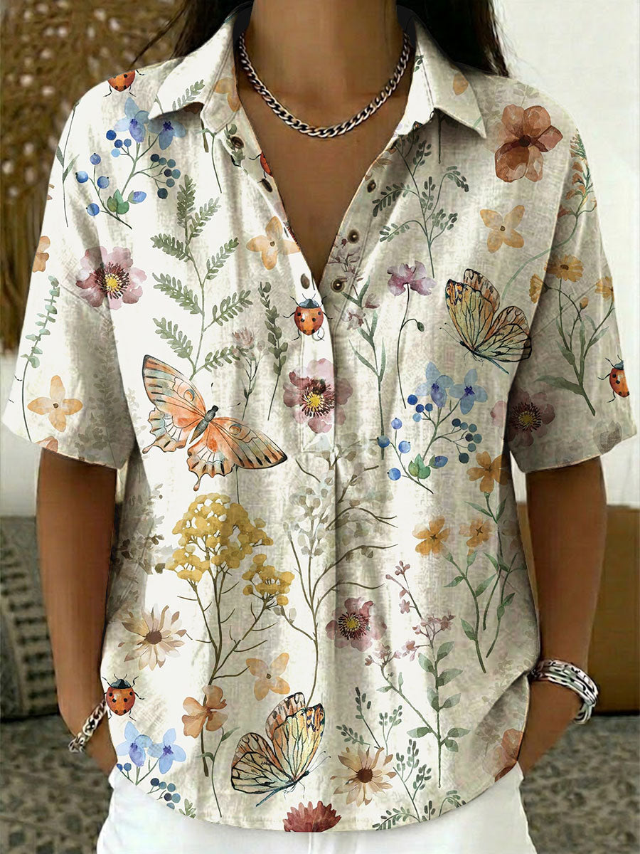 Women's Floral Butterfly Print Casual Cotton-linen Shirt