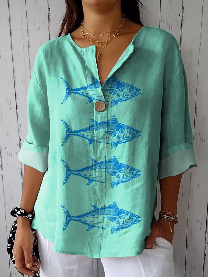 Women's Vintage Lovely Fish Art Print Casual Cotton Linen Shirt