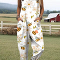 Women's Lovely Bees Floral Art Print Casual 100% Cotton Wide Leg Jumpsuit