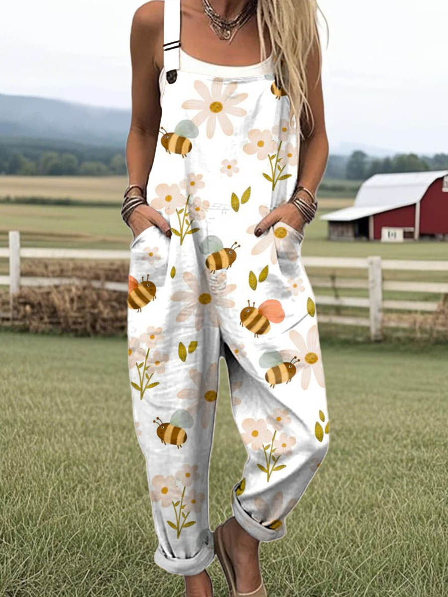 Women's Lovely Bees Floral Art Print Casual 100% Cotton Wide Leg Jumpsuit