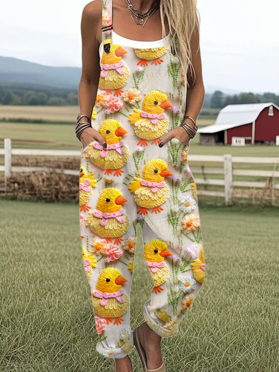 Women's  Funny Chick Art Print Casual 100% Cotton Wide Leg Jumpsuit