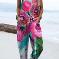 Women's Vintage Floral Art Print Casual 100% Cotton Wide Leg Jumpsuit