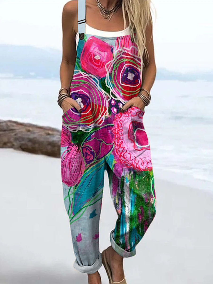 Women's Vintage Floral Art Print Casual 100% Cotton Wide Leg Jumpsuit