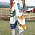 Women's Funny Chicken Art Print Casual 100% Cotton Wide Leg Jumpsuit
