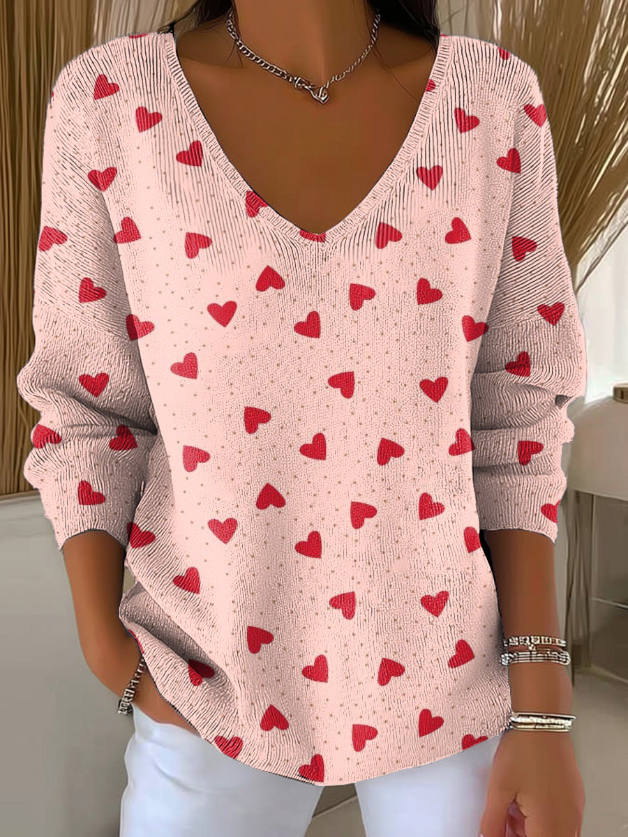 Valentine's Day Heart-shaped Decorative Patterns Women's Casual V Collar Long Sleeve Sweater