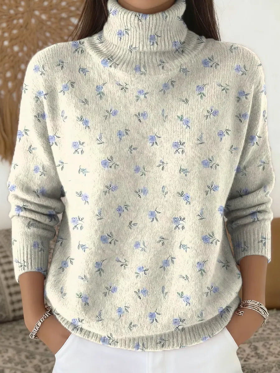 Women's Floral Pattern Art Print Knit Turtleneck Pullover Sweater