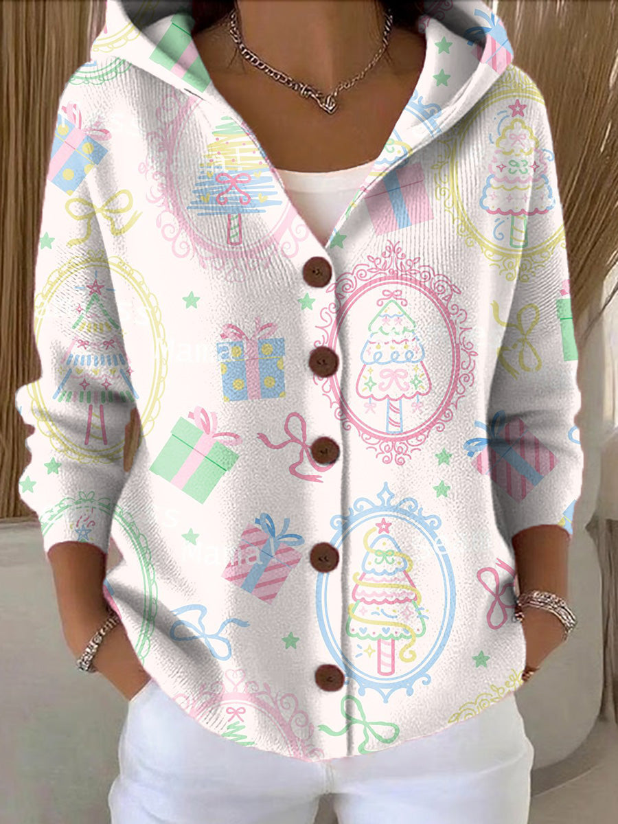 Women's Cute Christmas Tree Gift Drawing Art Print Casual Hooded Button Sweater