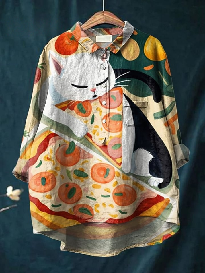 Women's Cat Eating Pizza Print Casual Cotton And Linen Shirt