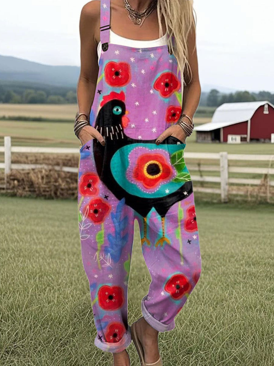 Women's  Funny Chick Art Print Casual 100% Cotton Wide Leg Jumpsuit