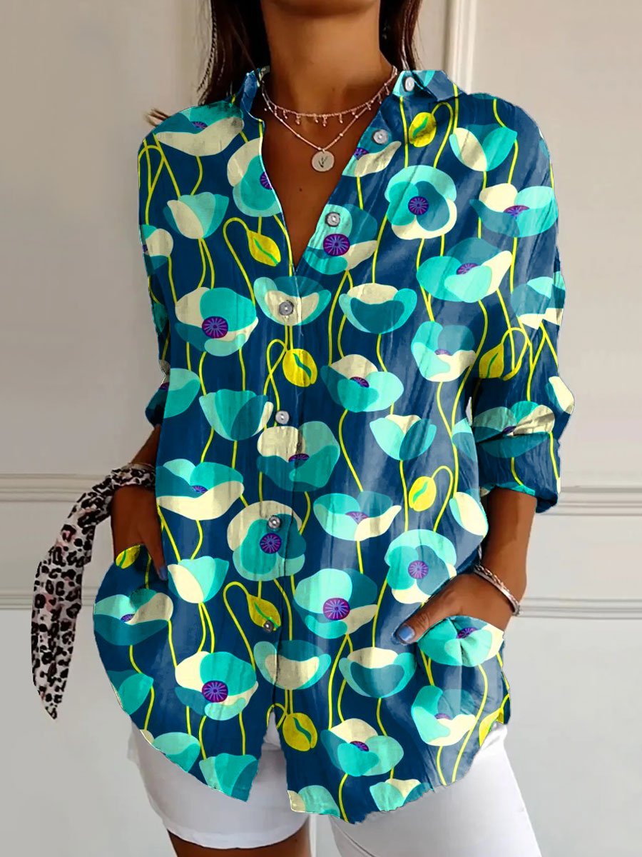 Women's Floral Art Print Casual Cotton Shirt