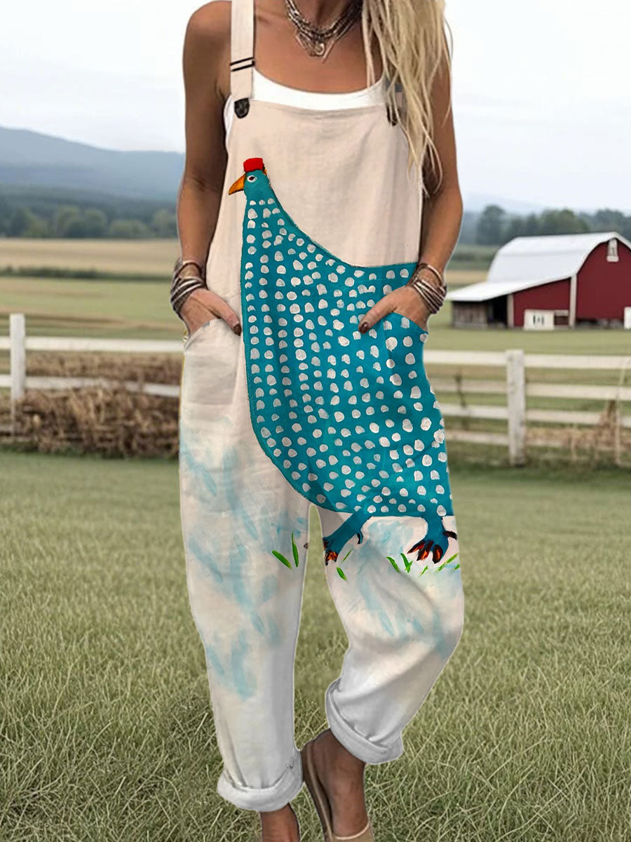Women's  Farm Funny Chick Art Print Casual 100% Cotton Wide Leg Jumpsuit