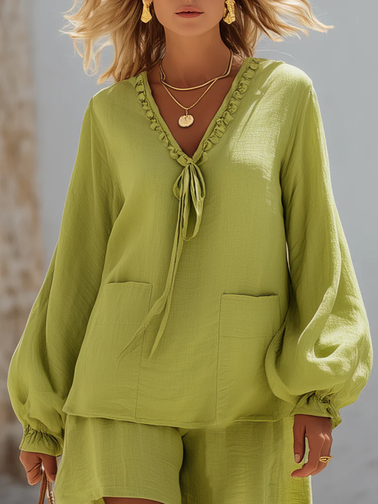 Elegant Tie-front Shirt & Shorts Cotton-linen Two-piece Set