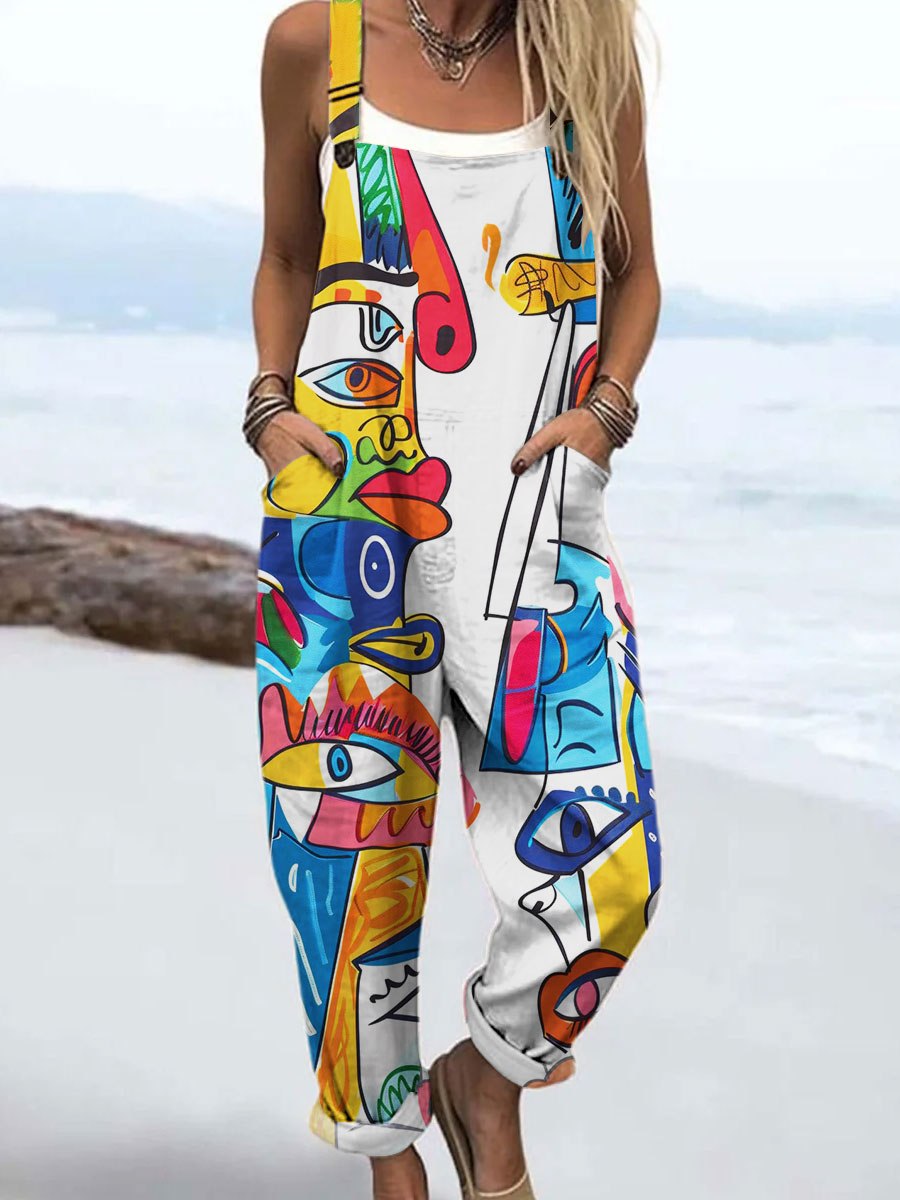 Women's Colorful Abstract Realistic Face Art Print Casual 100% Cotton Wide Leg Jumpsuit