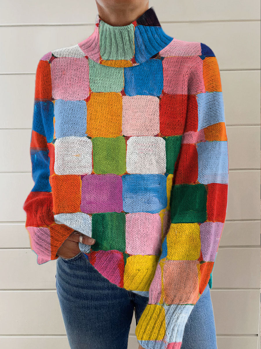 womens-art-color-plaid-print-knit-turtleneck-pullover-sweater