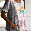 Women's Vintage Floral Pattern Casual Art Print Round Neck Cotton Linen Loose Short-sleeved Shirt
