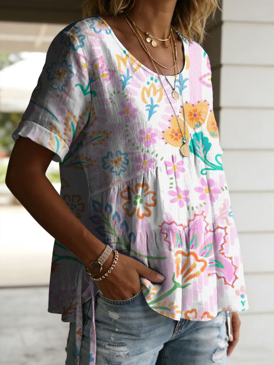 Women's Vintage Floral Pattern Casual Art Print Round Neck Cotton Linen Loose Short-sleeved Shirt