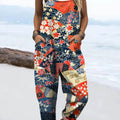 Damen-Jumpsuit mit Vintage-Ethno-Blumenmuster, lässig, aus 100 % Baumwolle, weites Bein 