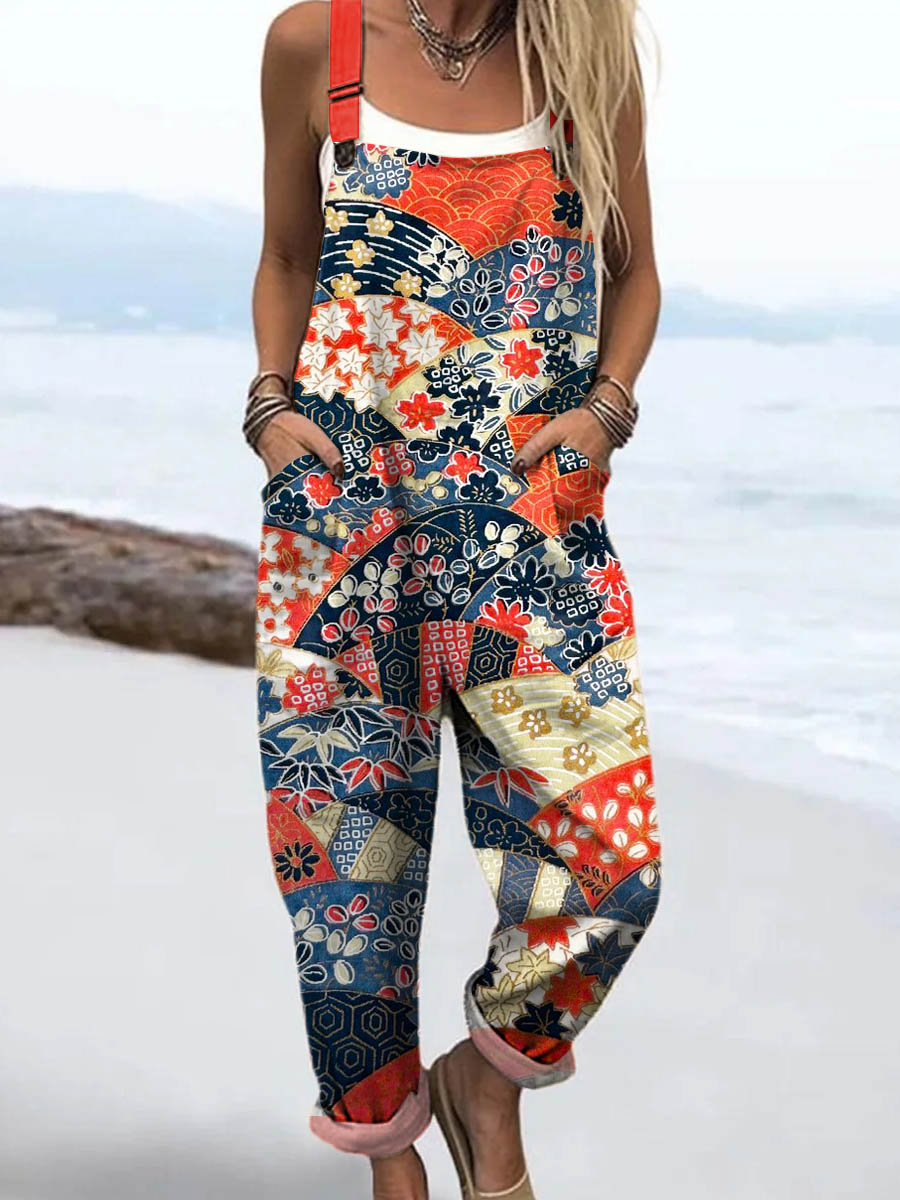 Women's Vintage Ethnic Floral Pattern Art Print Casual 100% Cotton Wide Leg Jumpsuit