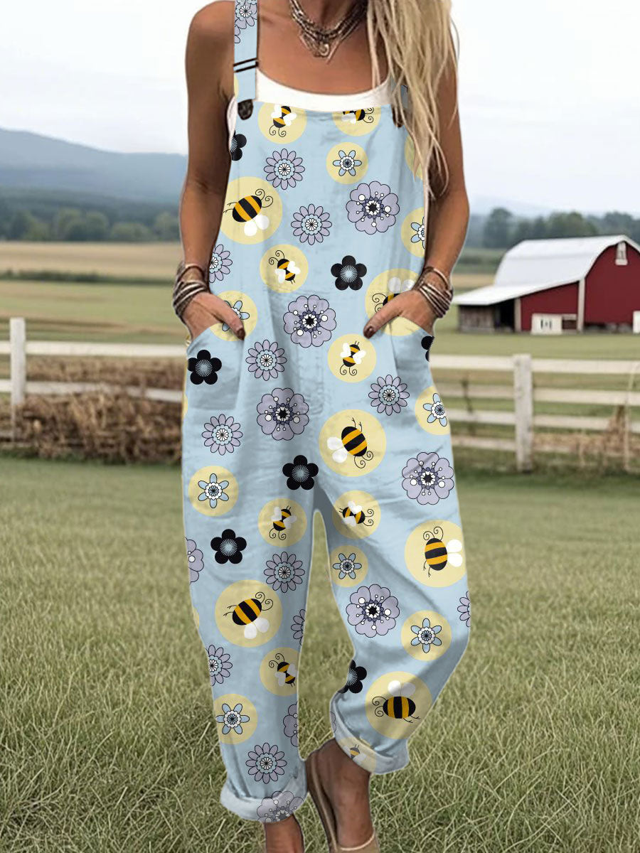 Women's  Bee  Floral  Art Print Casual 100% Cotton Wide Leg Jumpsuit