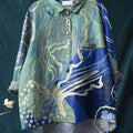 Women's Hand Drawn Deep Blue Ocean and Jellyfish Art Print Casual Cotton And Linen Shirt