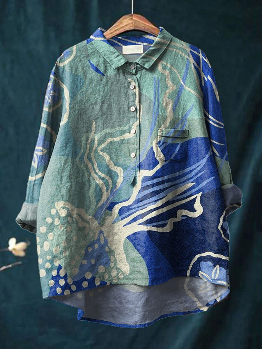Women's Hand Drawn Deep Blue Ocean and Jellyfish Art Print Casual Cotton And Linen Shirt