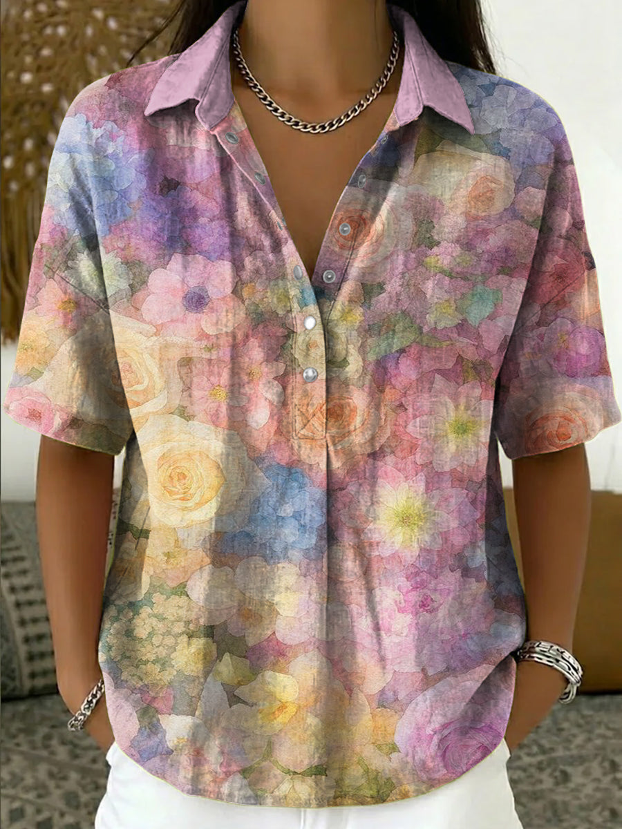 Women's Vintage Floral Art Print Cotton-linen Short-sleeve Shirt