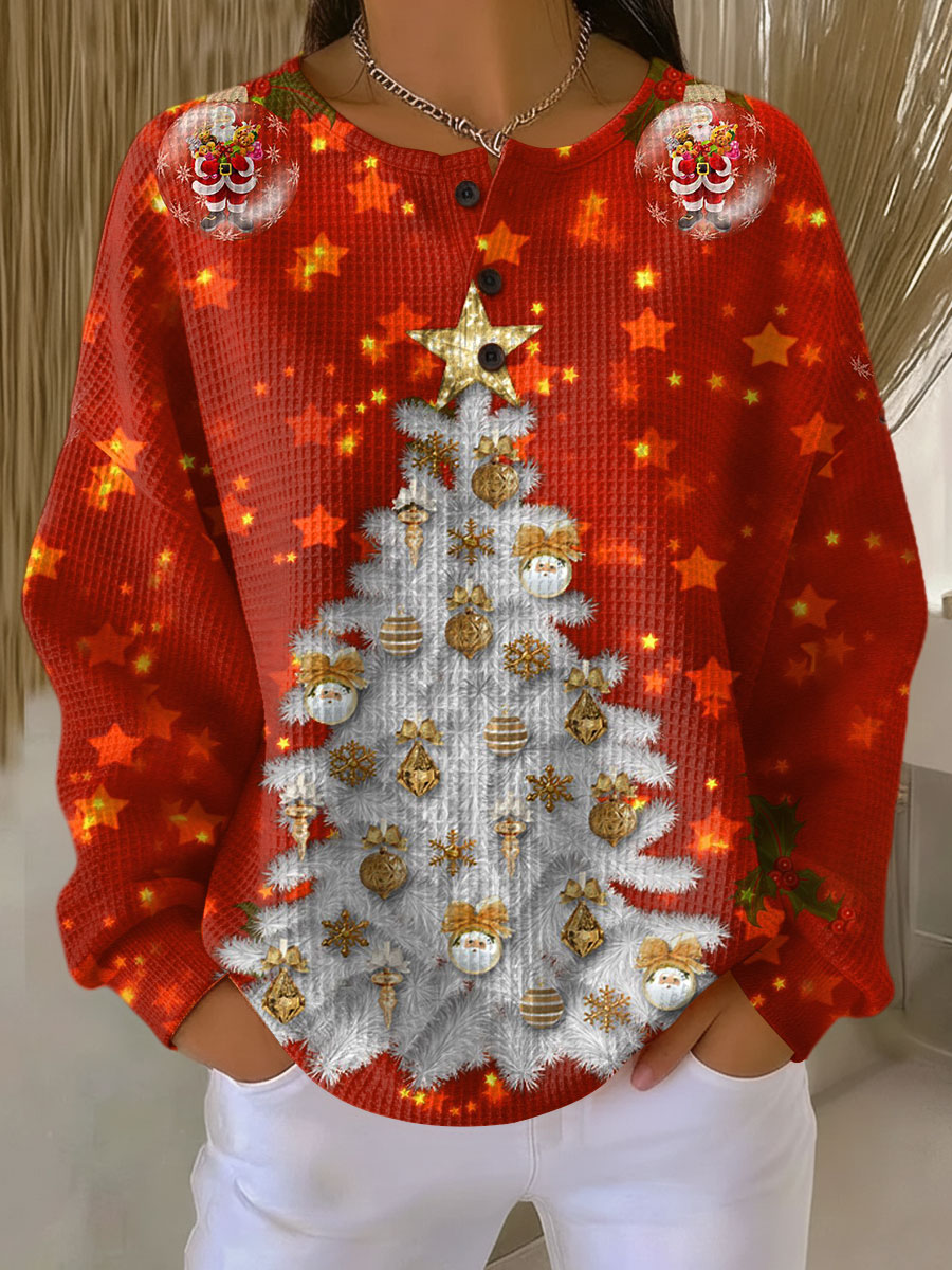 Women's Vintage Christmas Tree Art Print Casual Waffle Henry Collar Sweatshirt