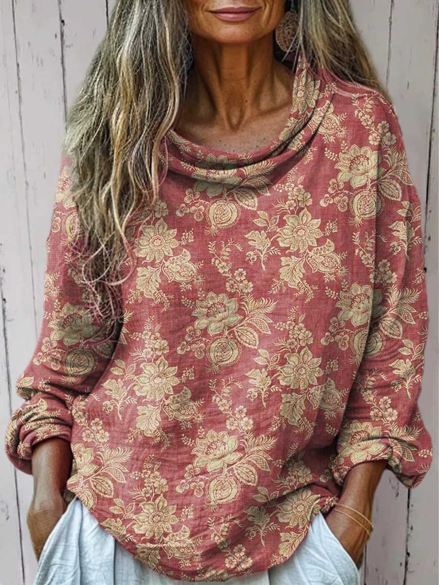 Women's Vintage Floral Art Print Casual Long Sleeve Comfortable Cotton Shirt