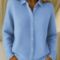 Women's Solid Color Shirt Collar Long Sleeve Waffle Knit Cardigan