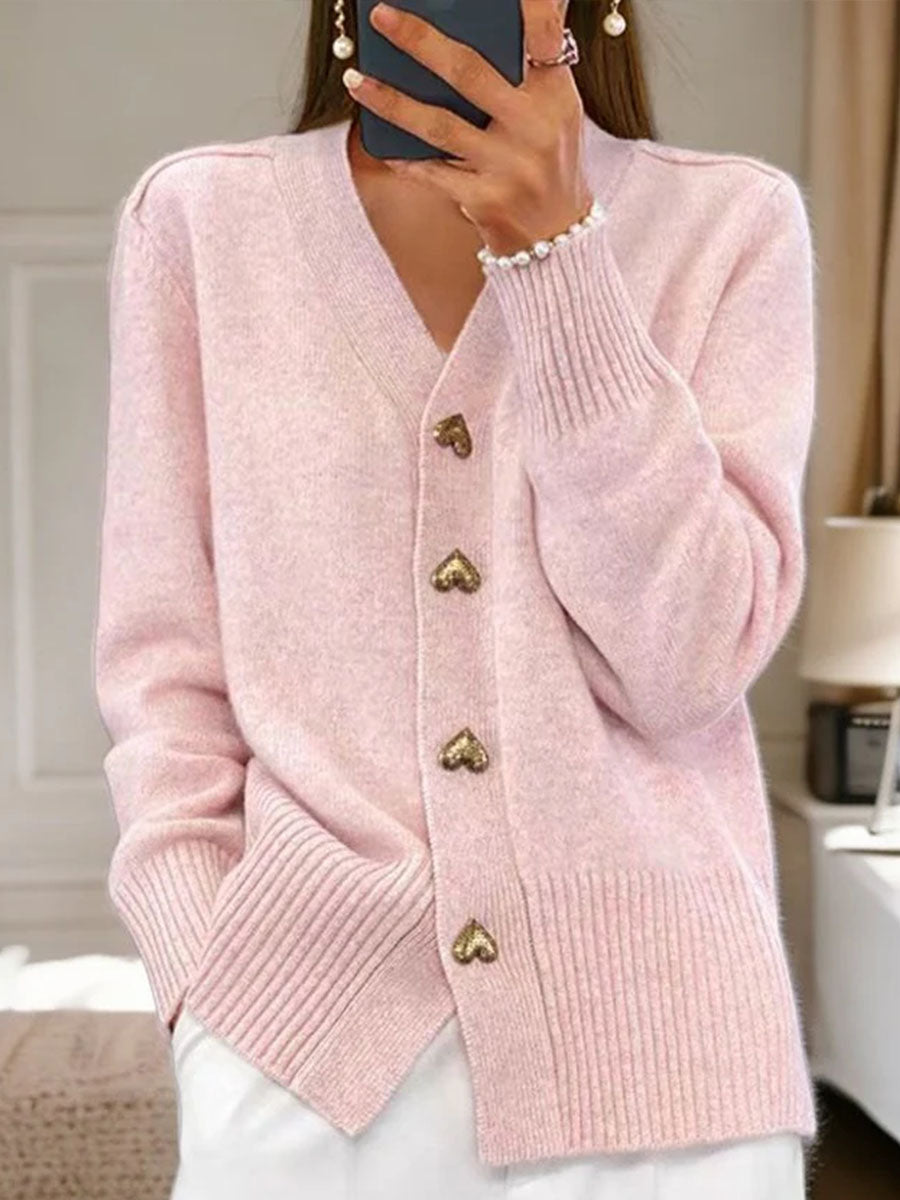 Women's Solid Color V-Neck Long Sleeve Casual Loose Cardigan Sweater