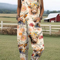 Women's Lovely Cow Floral Pattern Art Print Casual 100% Cotton Wide Leg Jumpsuit