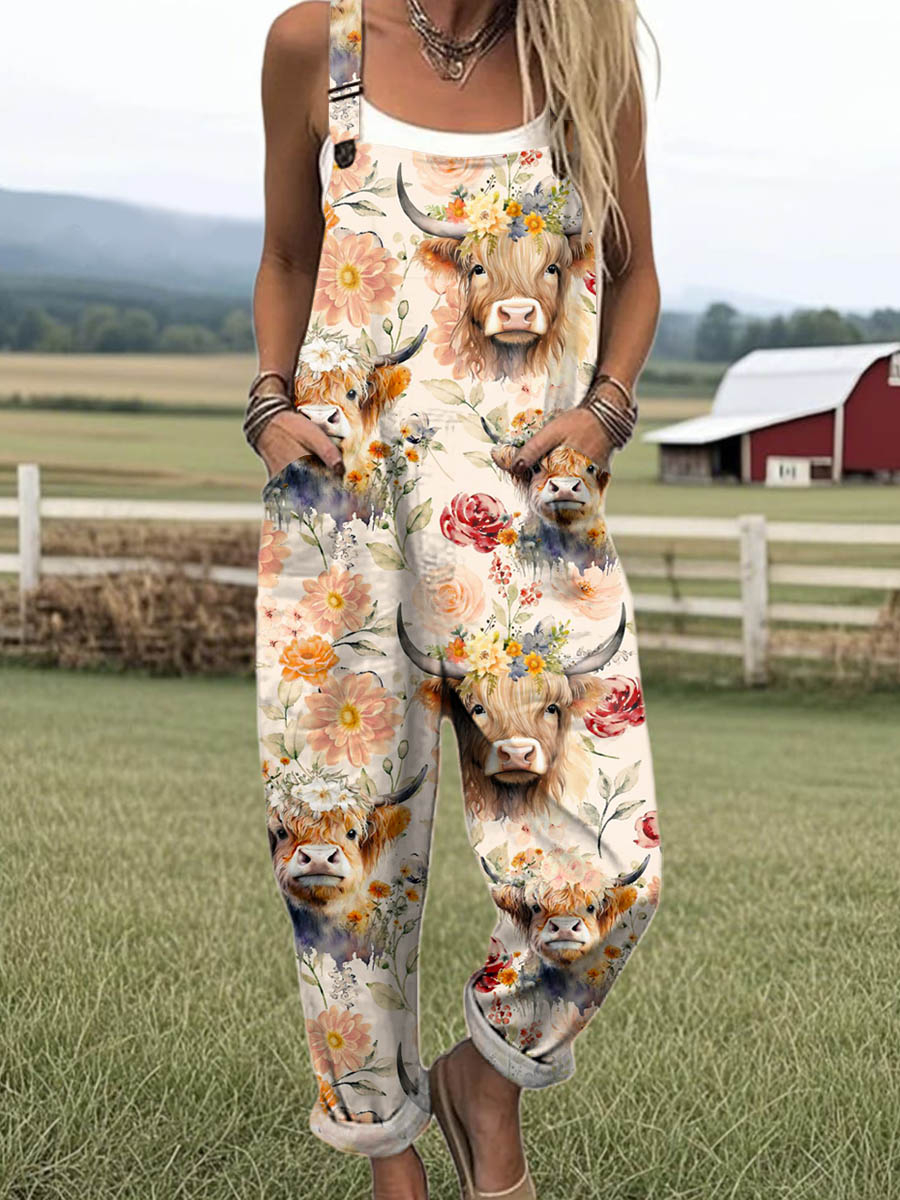 Women's Lovely Cow Floral Pattern Art Print Casual 100% Cotton Wide Leg Jumpsuit