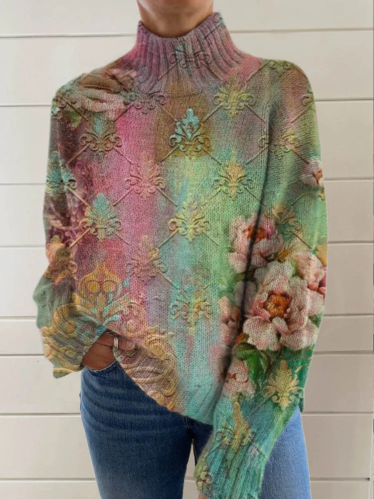 Women's Vintage Lovely Floral Art Print Knit Turtleneck Pullover Sweater