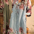 Women's V-neck Long Sleeve Vintage Positioning Print Casual Loose Cotton and Linen Dress