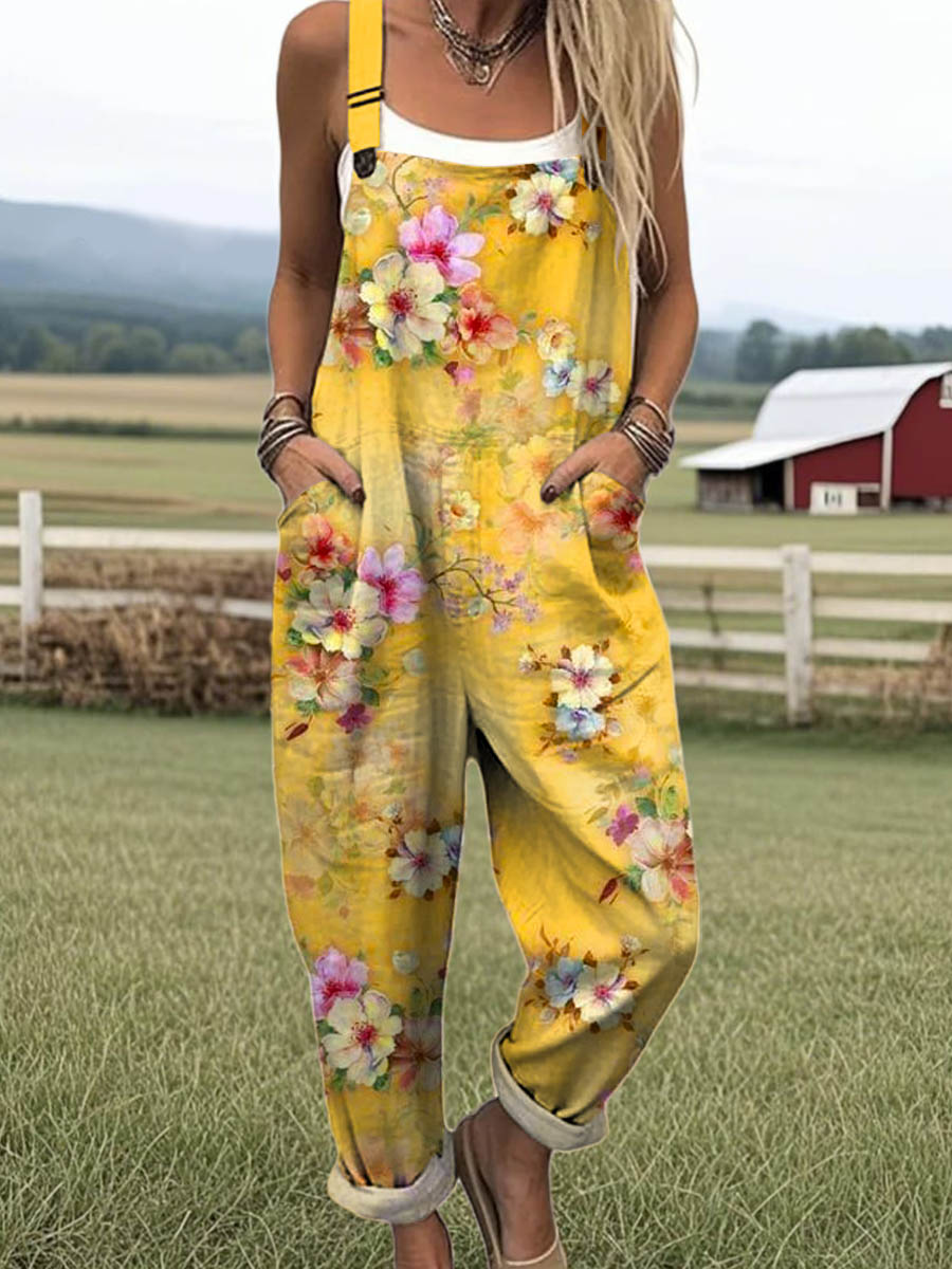 Women's Lovely Floral Art Print Casual 100% Cotton Wide Leg Jumpsuit