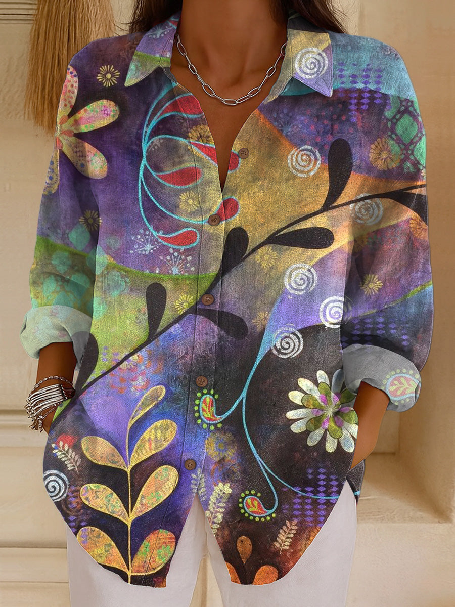 Women's Beautiful Colorful Abstract Leaves Painting Art Print Casual Cotton Shirt