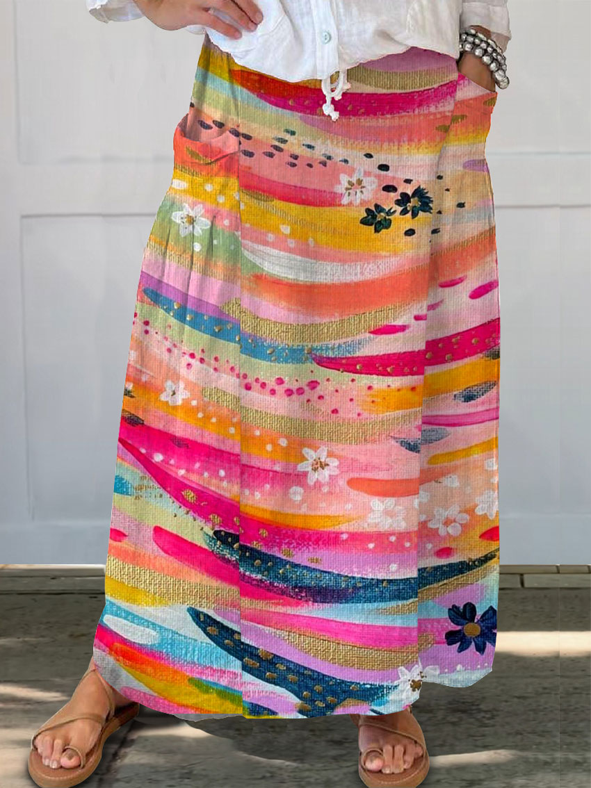 Women's Vintage Abstract Geometric Art Print   Linen Pocket Skirt