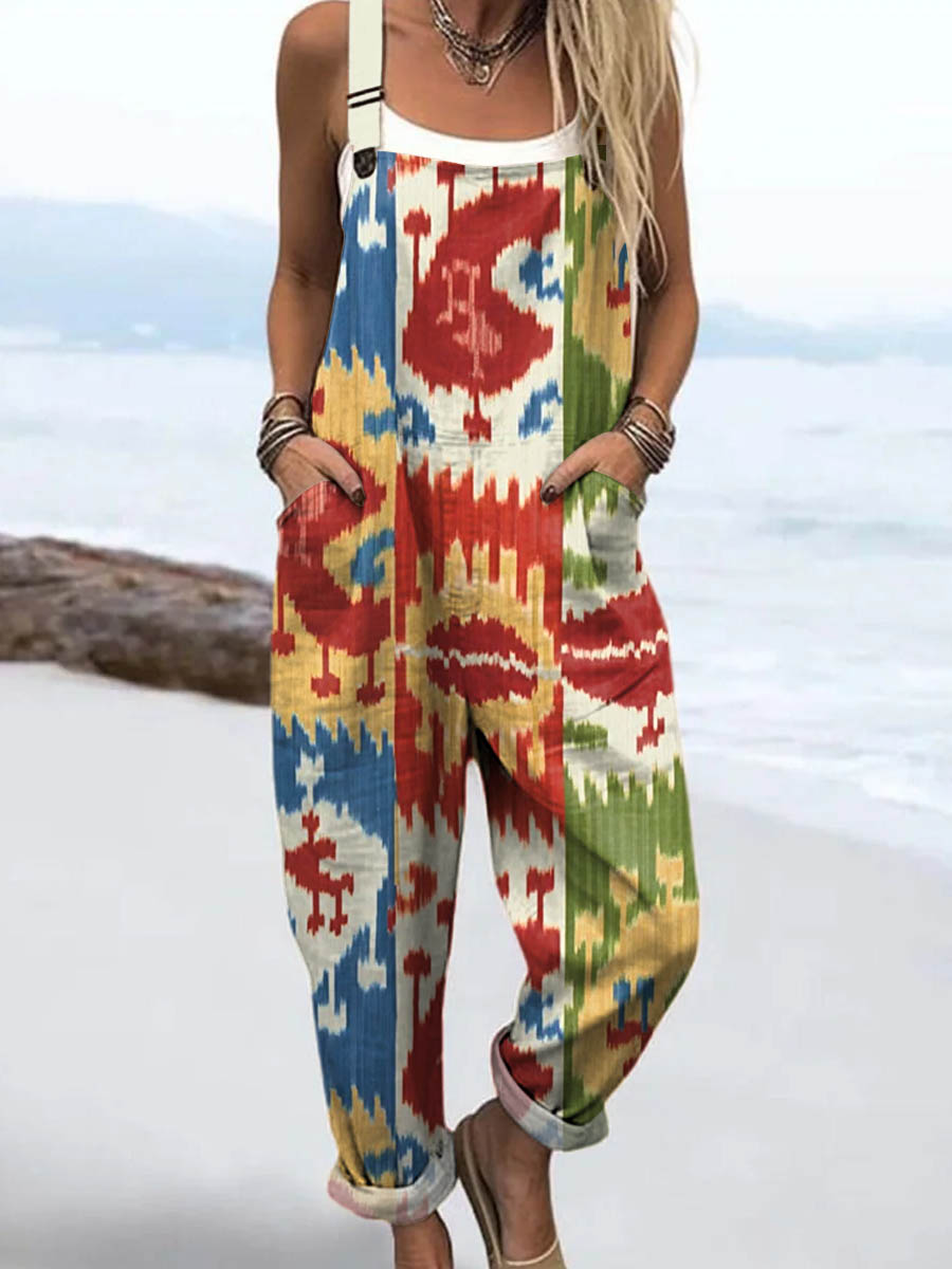 Women's Vintage Ethnic Pattern Art Print Casual 100% Cotton Wide Leg Jumpsuit