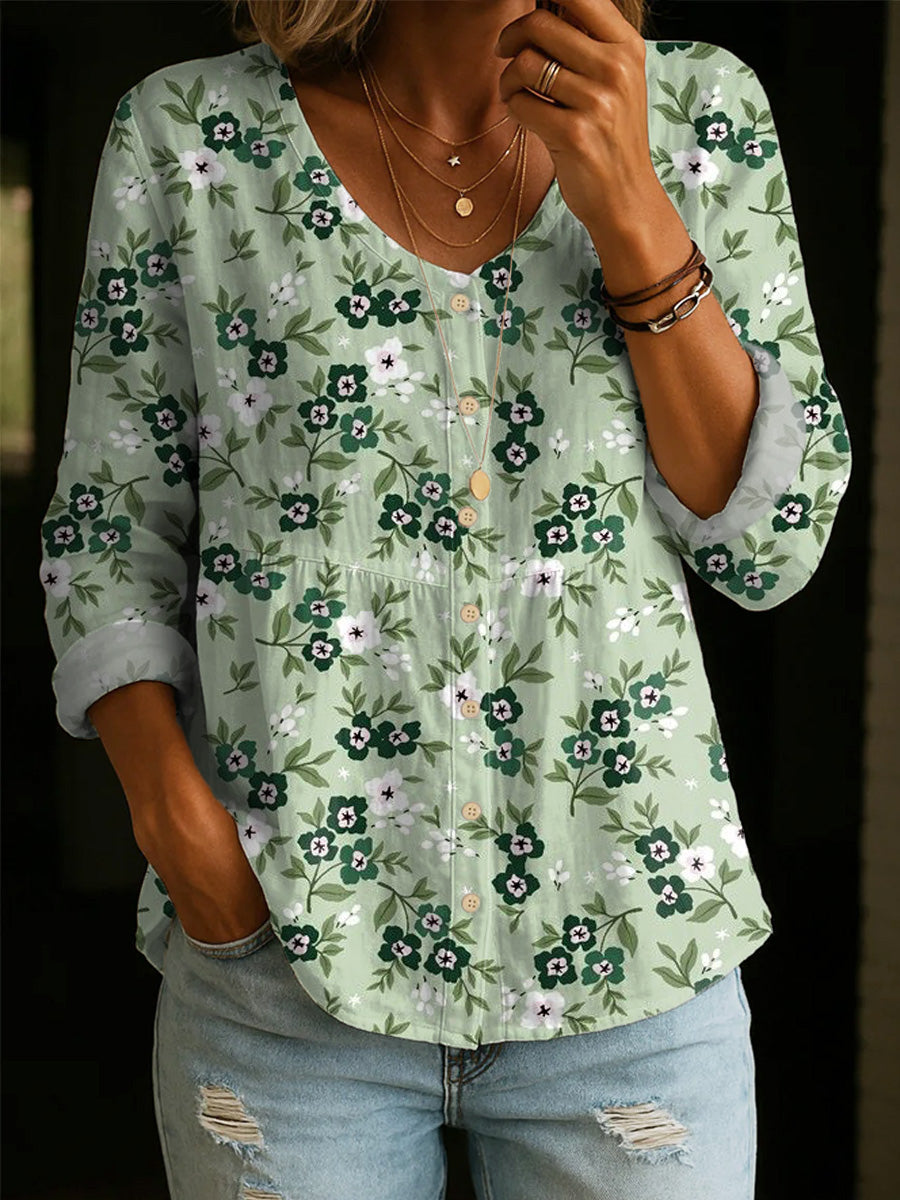 Artistic Floral Print Cotton Shirt- Women's Elegant & Casual Soft Cotton Top
