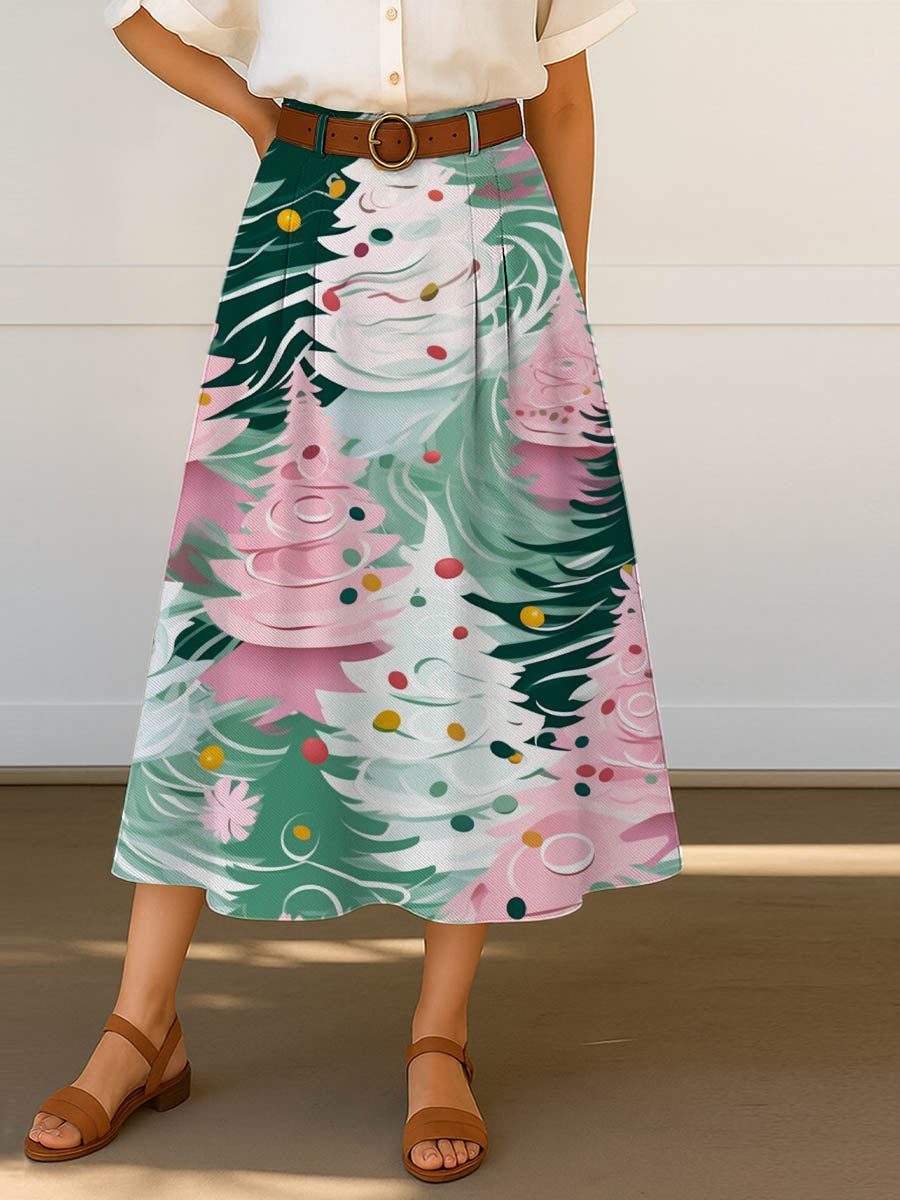 Women's Christmas Tree Pattern Art Print Casual Cotton Skirt