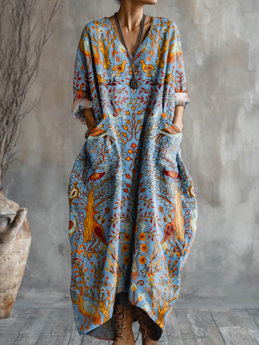 Women's Vintage Woodland Birds Art Pattern Print Pocket V-neck Cotton Dress